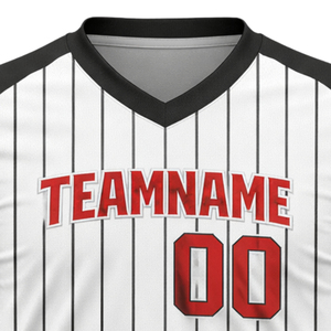Maillot de baseball personnalisé pour hommes, sublimation, blanc et noir à rayures fines, col en V, uniforme d'équipe, respirant, chemise de sport, prix OEM abordable - Product Image 5