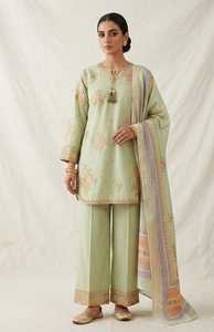 Elegante traje semiformal de 3 piezas para mujer, en tela de algodón, bellamente adornado con bordado tilla y delicado trabajo de lentejuelas. - Product Image 2