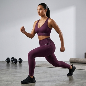 Womens Purple Ribbed Yoga Set Criss Cross Sports Bra High <b>Waist</b> Full Length <b>Leggings</b> Fitness Gym Workout Activewear - Product Image 3