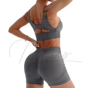 Latest Design Women Yoga Set-<b>Low</b> MOQ Wholesale Custom Logo Fitness Wear Seamless Elastic Waist Front Shorts 2-Piece Yoga Sets - Product Image 2