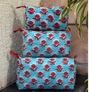 Premium Floral Blue Brown Jaipur Hand block print Quilted cotton toiletry bag Set of 3 Sustainable Non Toxic Dye Zip Closure - Product Image 1
