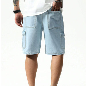 Shorts cargo bleu clair pour homme, taille mi-haute, élastique, respirant, style bermuda décontracté avec plusieurs poches, couleur unie, tissu en coton - Product Image 5