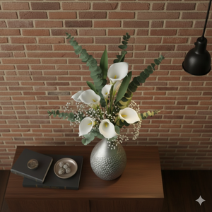 Moderno Florero de Metal Plateado Texturizado con Flores Artificiales de Lirio Blanco para Decoración del Hogar, Centro de Mesa Elegante para Sala de Estar - Product Image 4