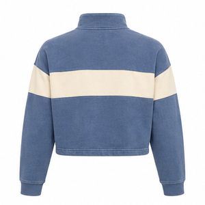 Customize Blue <b>Grey</b> Womens Boxy Half Zip Cropped <b>Sweatshirt</b> Quarter Zip Loopback Cotton - Product Image 3