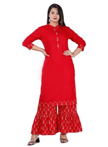 Ensemble Salwar Kameez en coton imprimé feuilles rouges pour femme, col en V, manches trois quarts, longueur mollet, séchage rapide, idéal pour mariage et fête estivale - Product Image 5