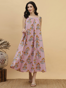 Floral Print <b>Boho</b> Midi <b>Dress</b> Sleeveless A-Line Loose Fit Cotton Bamboo Fiber <b>Summer</b> Casual <b>Dress</b> With Tiered Hem - Product Image 1