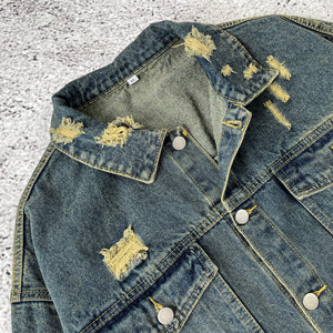 High Quality Custom Design Men's Ripped <b>Button</b> Front Jeans Jacket New Arrival Streetwear Fashion - Product Image 4