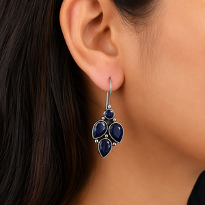 Ethnic Bohemian Trendy Blue Zircon Gemstone Brass Earring Bulk Supplier | Handmade <b>Tribal</b> Antique Silver-Plated Drop Earrings - Product Image 3