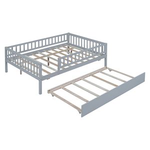 Letto a giorno in legno grigio a grandezza naturale per bambini con letto estraibile e sponde di sicurezza - Product Image 5