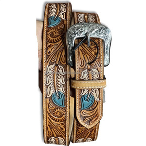 New 2025 Custom Made Western Studded <b>Leather</b> <b>Tooling</b> Belt Zinc Alloy Buckle 35mm Width Men Women Premium Finish Custom Logo Belt - Product Image 5