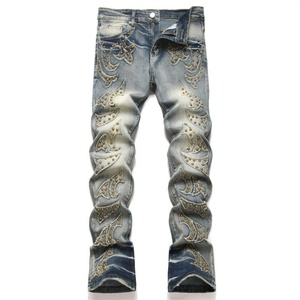Pantalones vaqueros de mezclilla ajustados con efecto desgastado, cintura media, cinco bolsillos, largo completo, de algodón, para hombre, estilo casual, con efecto lavado a la piedra y bordes deshilachados - Product Image 2