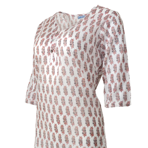 Haut Kurta mi-long rose et gris à motif floral sur fond blanc, haut indien pour femme, haut à col en V, manches courtes, imprimé floral pour femme - Product Image 1