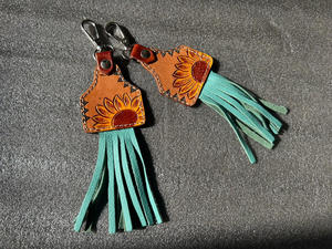 Porte-clés Western en cuir taillé à la main Turquoise Fringe Porte-clés en cuir véritable de haute qualité Porte-clés tournesol Cowgirl Porte-clés - Product Image 3