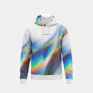 Sweat-shirt à capuche blanc pour homme avec imprimé graphique abstrait multicolore, poche kangourou, streetwear - Product Image 3