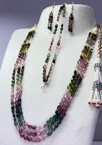 Natural Multi Tourmaline Faceted Oval Cut Beaded Necklace <b>Earrings</b> Pair Unique Double Layer Adjustable 24K Gold Plated Women's - Product Image 4