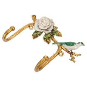 Gancho Decorativo de Hierro Resistente con Diseño de Pájaro en Rama, Colgador de Pared Metálico con Acabado Dorado Rústico y Rosa Blanca, Ganchos Organizadores para Entrada - Product Image 1