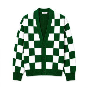 Cardigan unisexe personnalisé OEM, nouveau design, vert et blanc à carreaux, Iota Phi Lambda, col en V, manches longues, brodé, tricoté décontracté - Product Image 1