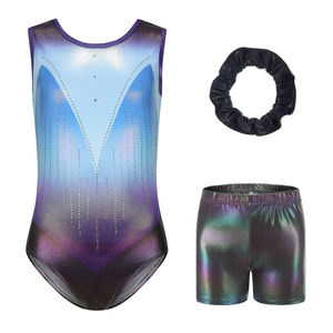 Girls Gradient Tank <b>Leotard</b> <b>with</b> <b>Shorts</b> Scrunchie Set Sleeveless <b>Gymnastics</b> Dance Outfit Pink Purple Rhinestone Decorated V-neck - Product Image 3