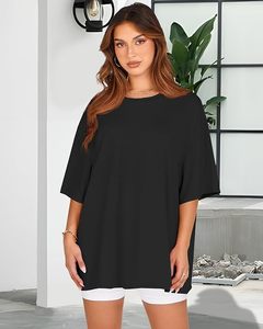 T-shirt noir surdimensionné à manches courtes et col en V pour femme, coupe classique, couleur unie, en jersey de coton, personnalisable, printemps-été - Product Image 2