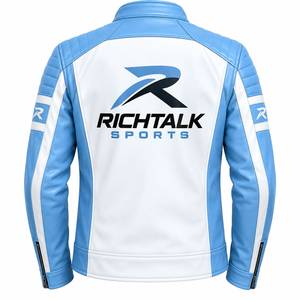 Men's Winter Leather Motorcycle <b>Jacket</b> <b>White</b> Blue Color Blocking Stand Collar Zipper Closure Front Logo Moto <b>Biker</b> Style - Product Image 2