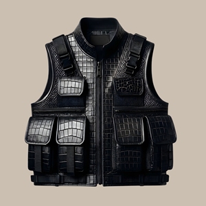 Gilet en cuir de crocodile gaufré personnalisé pour homme – Veste tactique streetwear – Gilet de motard en cuir Super Rider - Product Image 1
