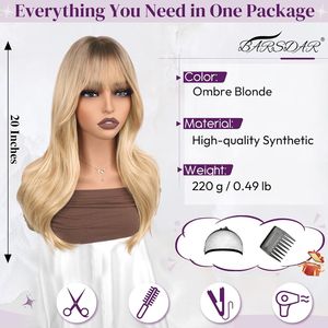 Parrucca Ombre Bionda Stratificata da 20 Pollici con Frangia, Capelli Sintetici Morbidi e Ondulati per Donne, Aspetto Naturale con Radici Scure per Stile Ombre - Product Image 3