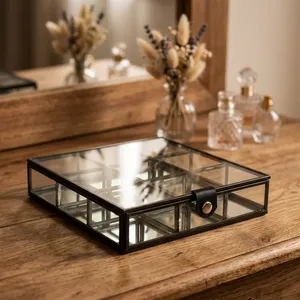 Artisan Design <b>Jewelry</b> Organizer Box Metal Frame <b>Mirror</b> Lid <b>Storage</b> Tray for Vanity Decor Multi Partition Model B975 Made Uttar - Product Image 1