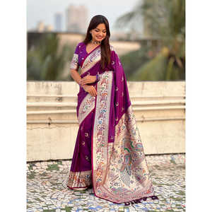 Sari de Seda Paithani Chandrakor Morado de Elite Weaves, Tejido con Hilo Banarasi Zari, 650g, Ropa India y Pakistaní - Product Image 2