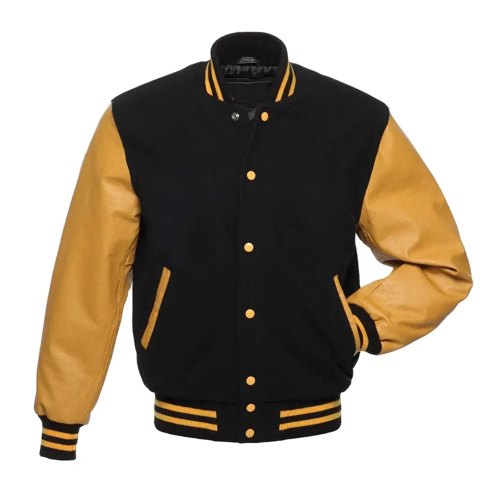 Giacche da uomo nere Varsity con maniche in pelle gialla giacca da Baseball sportiva toppa ricamata Letterman con custom