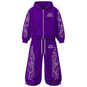 Conjunto Deportivo de Lujo con Pedrería Morada Real para Hombre, Sudadera con Cremallera y Detalles de Cristal, y Pantalones Deportivos de Pierna Ancha, Estilo Urbano - Product Image 3