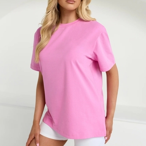 Camiseta de Manga Corta con Cuello Redondo Extra Grande para Mujer, Color Rosa, Corte Holgado, 100% Algodón Jersey, Color Sólido, para Todas las Temporadas - Product Image 1