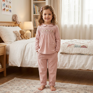 MITEXCO Baby Girls Short Sleeve Smocked <b>Romper</b> With Peter Pan Collar Hand Embroidery Cotton Sleepwear Spring Classic Style - Product Image 4