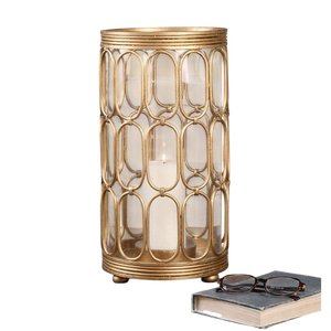 Lanterne en métal martelé doré standard avec panneau en verre transparent pour la décoration de la maison, décoration de salon, porte-bougie - Product Image 6