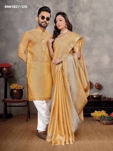 Colección Premium de Seda con Tejido a Cuadros y Borde Jacquard, Kurta de Manga Larga y Saree, Conjunto para Pareja, Exportador Indio - Product Image 2