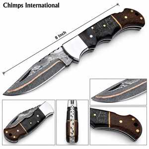 Cuchillo de Bolsillo de Acero Damasco Cobre Edición Limitada Hecho a Mano con Mango de Madera y Cuerno de Carnero, Cuchillo Plegable OEM para Caza e Industria - Product Image 1