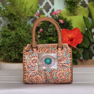 100% Genuine Leather Luxury Durable Lightweight Mini Speedy Duffle Travel Bag Hand Tooled Florals Carved Single Turquoise Stone - Product Image 2