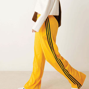 Pantalon décontracté jaune taille haute pour femme, coupe large, taille élastique, rayures latérales unies, coupe ample, longueur totale, en tissu éponge, idéal pour le printemps - Product Image 2