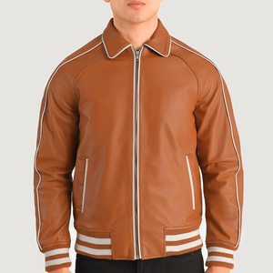 Unisex Brown PU Leather Bomber <b>Jacket</b> with <b>White</b> Trim Turn-down Collar Zipper Closure Waterproof Windproof Casual Winter Wear - Product Image 1
