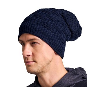 New Men's <b>Navy</b> Blue Knit Beanie <b>Hat</b> Solid Color Casual Winter Warm Cap Hand Knitted Acrylic Material 56-58CM Head Circumference - Product Image 1
