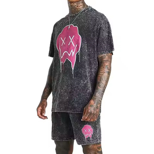 Custom Men's 2 Piece Polyester/Cotton Blend Sweatsuit Summer Acid <b>Wash</b> T-Shirt Shorts Set High Street Style Breathable Digital - Product Image 4