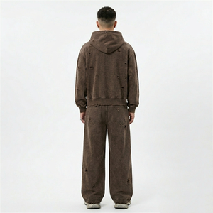 Conjunto Deportivo Marrón Desgastado Personalizado con Sudadera con Cremallera y Pantalones Deportivos Acampanados, Acabado Lavado al Ácido, Tela Suave, Elegante, Unisex - Product Image 2