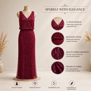 Vestido de Noche de Lentejuelas Borgoña de Lujo para Mujer, Elegante Vestido Largo sin Mangas con Cuello en V, Ropa de Fiesta Premium, Vestido Formal para Invitadas de Boda - Product Image 4