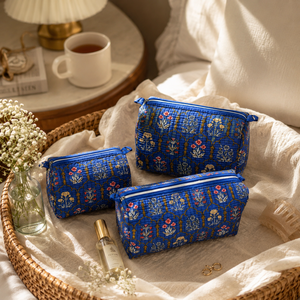 Elegant Royal Blue Botanical 3 Piece Makeup <b>Bag</b> Set Quilted Cotton Cosmetic Pouches for Women Travel <b>Vanity</b> Organizer Gift - Product Image 5