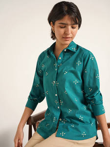 Green Printed Button Down Shirt With Three Quarter Sleeves Turn-down Collar Loose Fit Casual Woven <b>Viscose</b> Cotton Fabric - Product Image 5