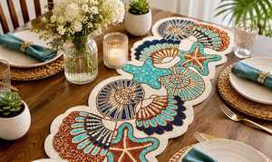 Handmade Coastal Beaded <b>Table</b> <b>Runner</b>, Starfish & Seashell <b>Table</b> Decor, Beach House <b>Dining</b> <b>Runner</b>, Nautical <b>Table</b> Linen Mamta - Product Image 1