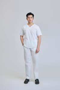 ชุดสครับสีขาว ผ้าคอตตอนเวียดนาม OEM 52% โพลีเอสเตอร์ 45% สแปนเด็กซ์ 3% ผ้า WFX CVC ตรวจจับรอยขาดด้วยระบบ FMF สำหรับบุรุษและสตรี ใช้ในงานแพทย์ - Product Image 2