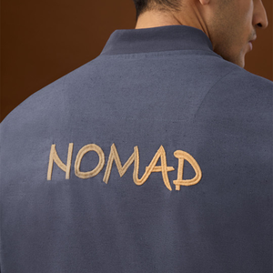 Men'<b>s</b> Navy Blue Bomber <b>Jacket</b> With Hand Embroidered Geometric Patterns Stand Collar Zipper Closure Casual Style - Product Image 4