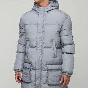 Veste d'hiver longue à capuche pour homme, en duvet, coupe-vent, épaisse, grise, décontractée, fermeture éclair, coupe régulière, couleur unie - Product Image 3