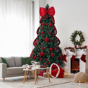 Albero di Natale Artificiale Grande 2,3 m Fai-da-te con 300 Luci LED Bianche Calde, Albero di Pino Pieghevole con Gigantesca Fiocco e Palline Rosse - Product Image 6