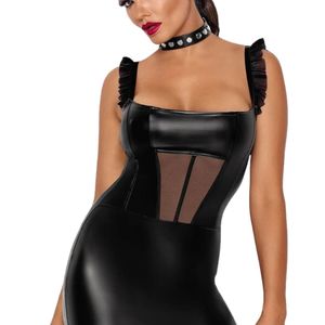 Mini-robe noire en PU pour femme, sans manches, moulante, col carré, dos nu, avec volants et découpes en résille, pour soirée et club - Product Image 2